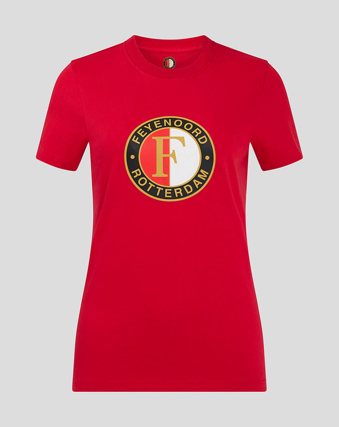 Women's red Feyenoord core logo T-shirt front view with a large circular emblem