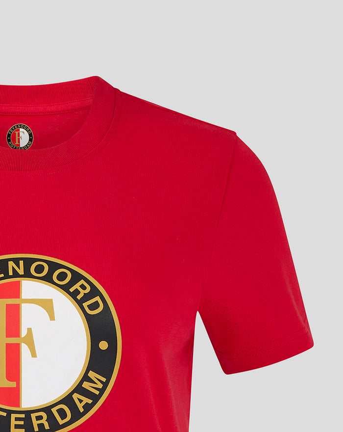 Close up of the red Feyenoord core logo T-shirt showing collar and partial front emblem