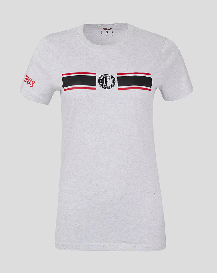 Gray women's Feyenoord Classic T shirt with crest and red stripe band across chest