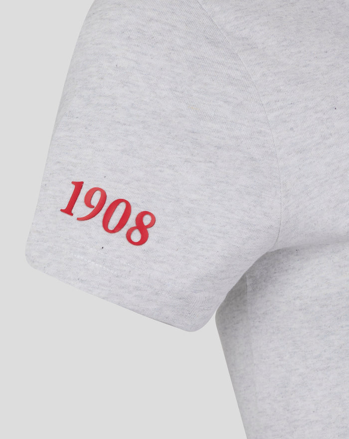 Close up of light gray heather Feyenoord Classic T shirt for women with red 1908 print on the sleeve.