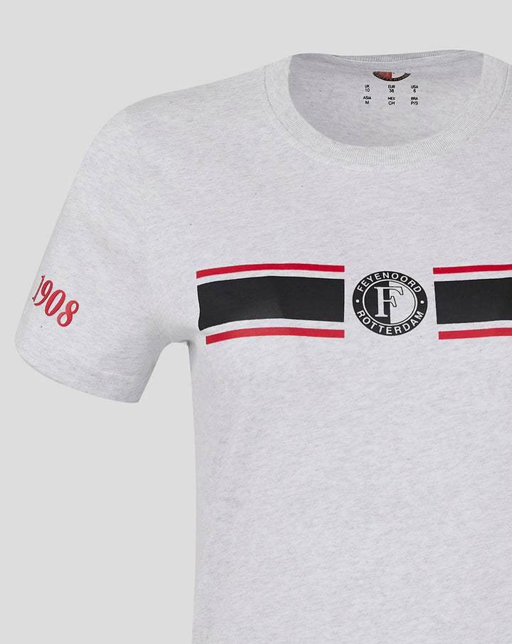Grey women's Feyenoord Classic T Shirt with red 1908 on the sleeve and matching chest stripe motif