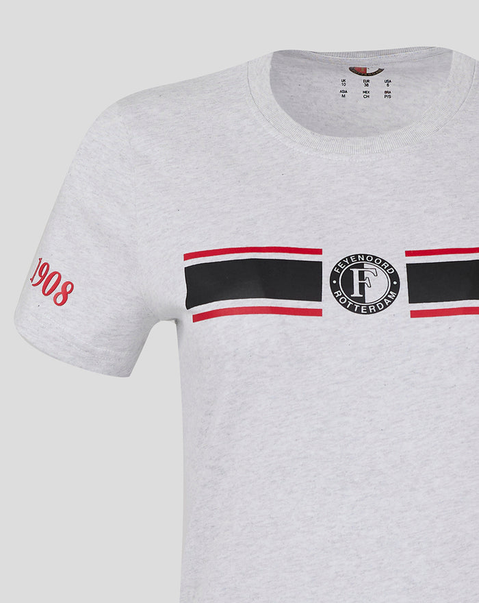 Grey women's Feyenoord Classic T Shirt with red 1908 on the sleeve and matching chest stripe motif