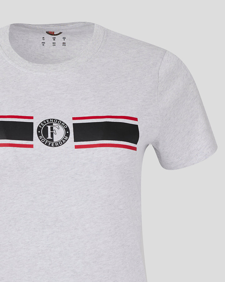 Front view of grey women's Feyenoord Classic T Shirt with bold black stripe graphics and circular Feyenoord Rotterdam logo