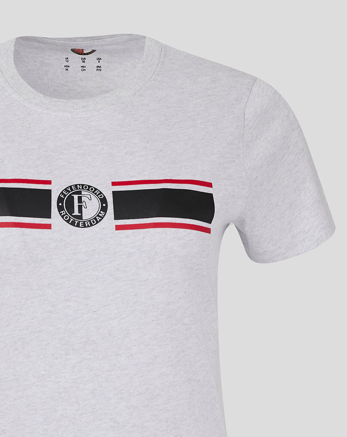 Front view of grey women's Feyenoord Classic T Shirt with bold black stripe graphics and circular Feyenoord Rotterdam logo