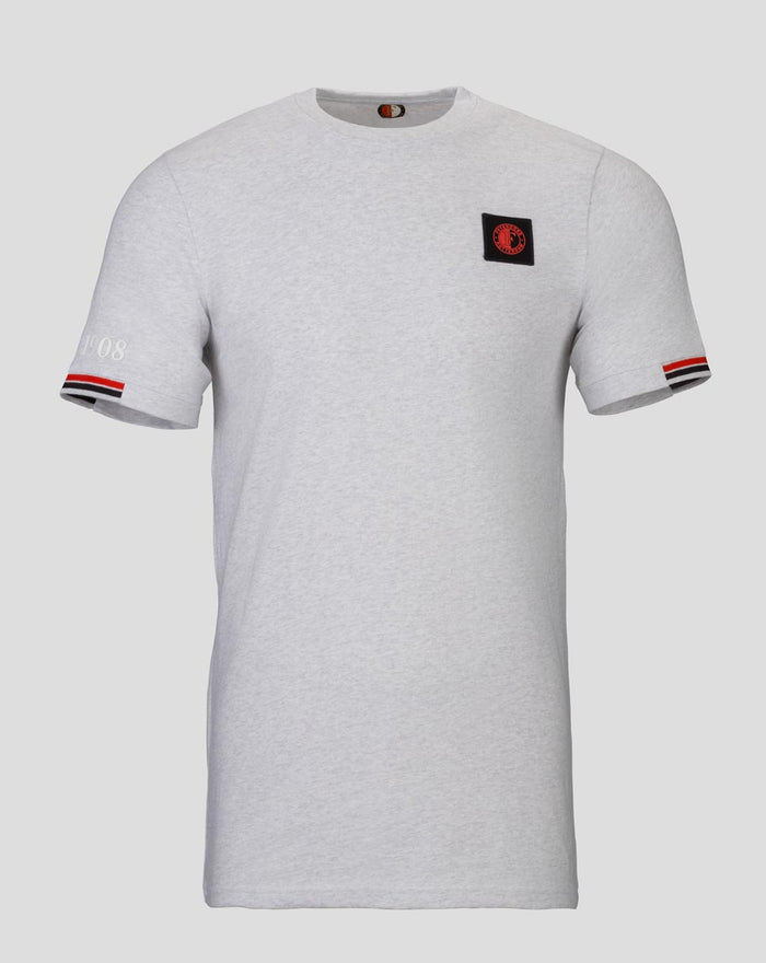 Grey Feyenoord Classic T-shirt for men with a black square badge on the chest and red and black sleeve trim.