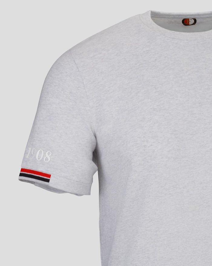 Light gray Feyenoord classic men's T-shirt with 1908 on the sleeve and a red white and black striped cuff.