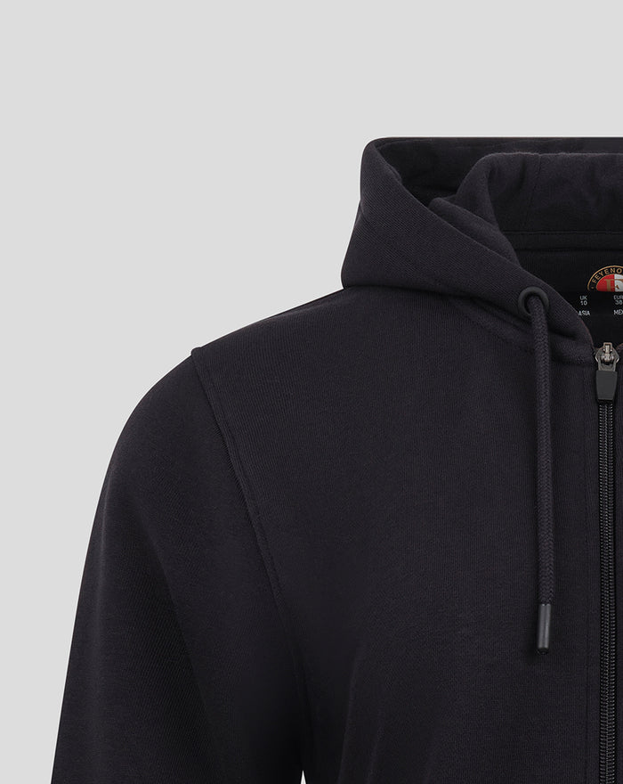Close up of the hooded Feyenoord hoodie showing the zipper and chest logo patch