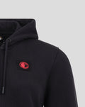 Left chest close up of a dark navy Feyenoord hoodie with red round logo patch
