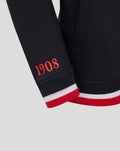 Close up of the navy FEYENOORD women's full zip hoodie sleeve with red 1908 numerals and striped cuff
