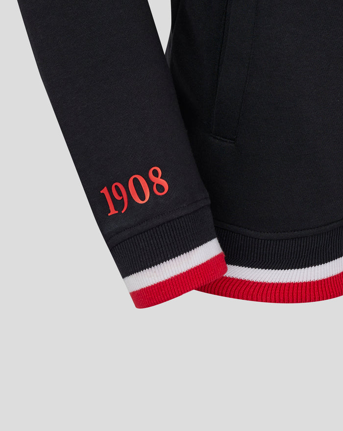 Close up of the navy FEYENOORD women's full zip hoodie sleeve with red 1908 numerals and striped cuff