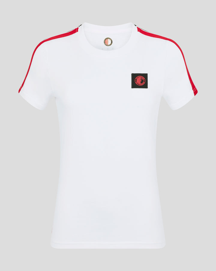 White Feyenoord Classic Cotton T shirt with red sleeve stripes and a small square badge on the chest