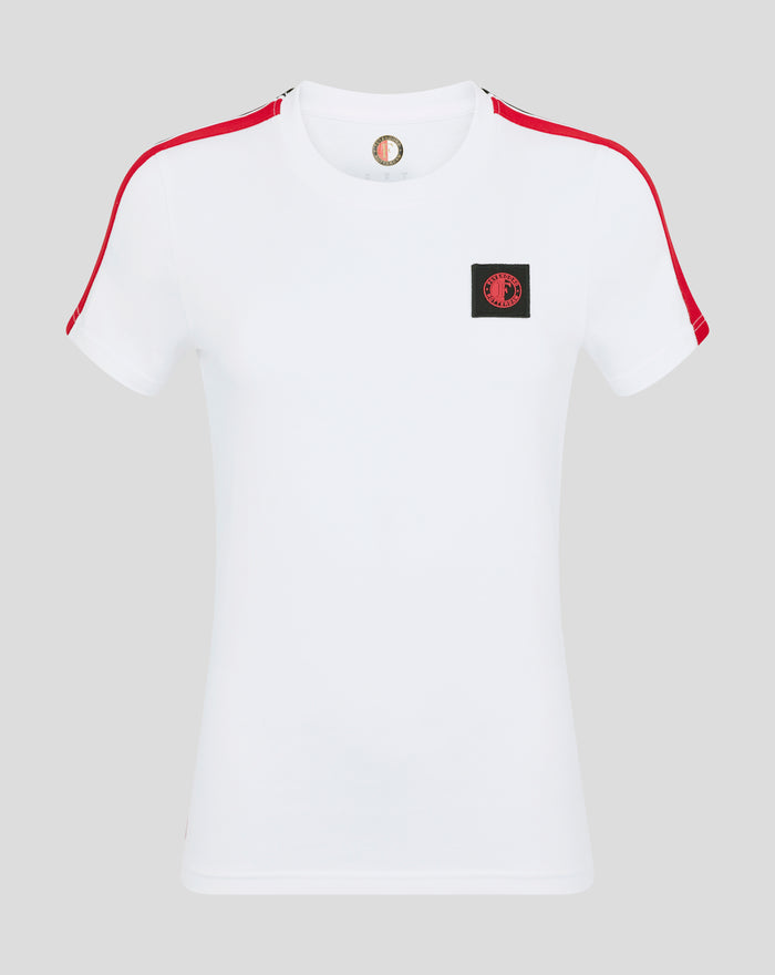 White Feyenoord Classic Cotton T shirt with red sleeve stripes and a small square badge on the chest