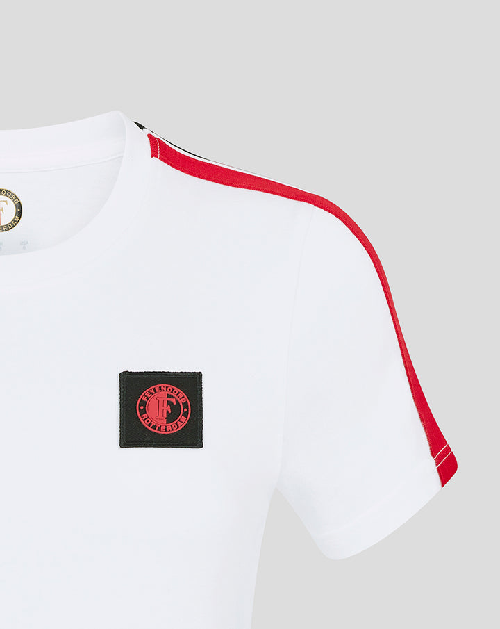 White women's Feyenoord Classic Cotton T shirt with red shoulder trim and a black patch badge on the chest