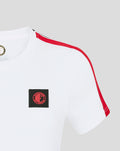 White women's Feyenoord Classic Cotton T shirt with red shoulder trim and a black patch badge on the chest