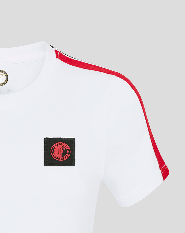 White women's Feyenoord Classic Cotton T shirt with red shoulder trim and a black patch badge on the chest