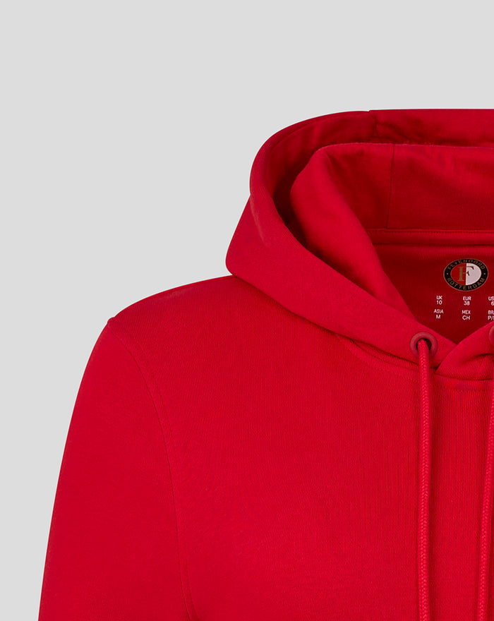 Close up view of a red Feyenoord Core hoodie for women showing the hood and drawstrings