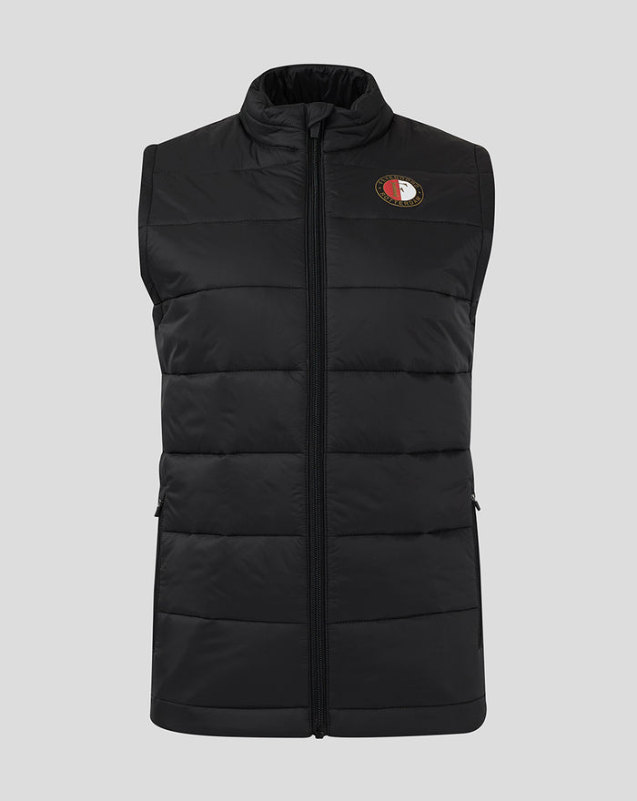 Black padded sleeveless vest with a full front zipper and a FEYENOORD circular logo on the left chest
