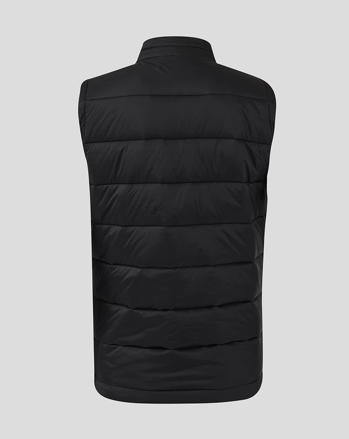 Back view of a black quilted padded sleeveless vest with a stand collar