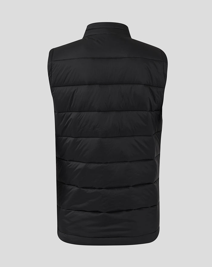 Back view of a black quilted padded sleeveless vest with a stand collar