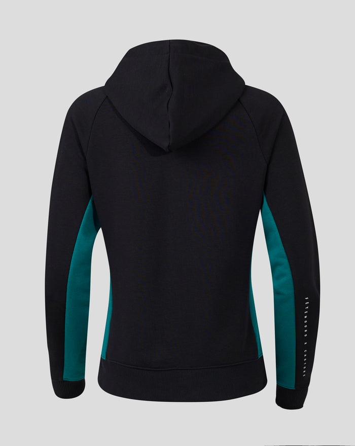 Back view of black Feyenoord Castore fleece jacket with teal side panels and hood