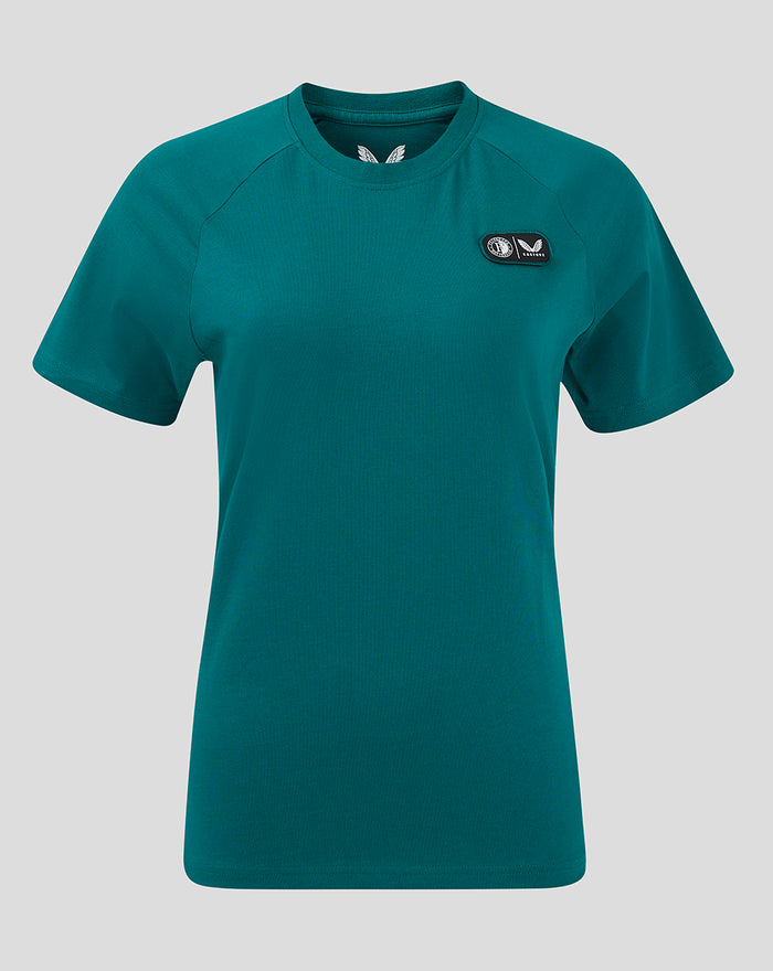 Teal FEYENOORD Castore cotton T-shirt for women with a small crest patch on the chest.