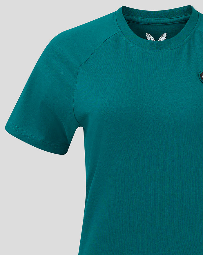 Close-up of teal women's T-shirt showing left chest patch and shoulder seam