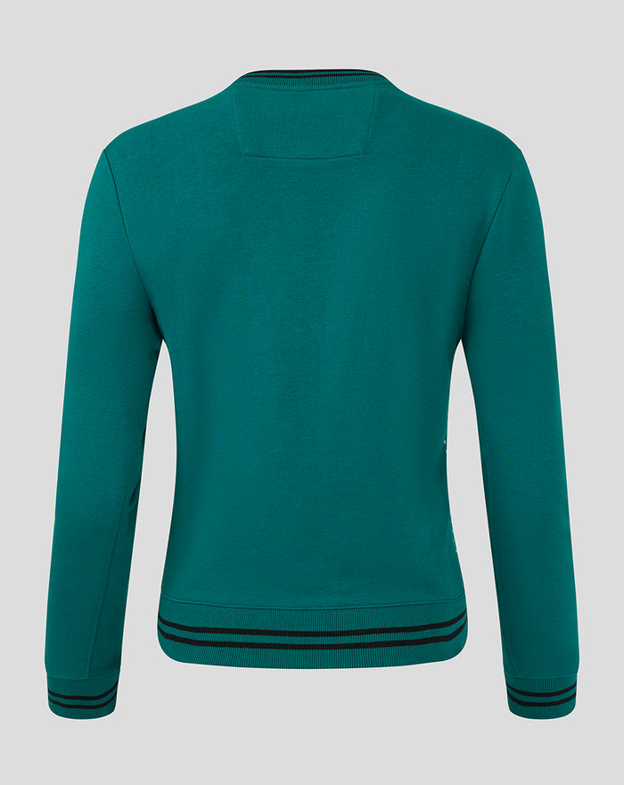 Back view of teal FEYENOORD x Castore fleece crew for women with striped ribbed hem
