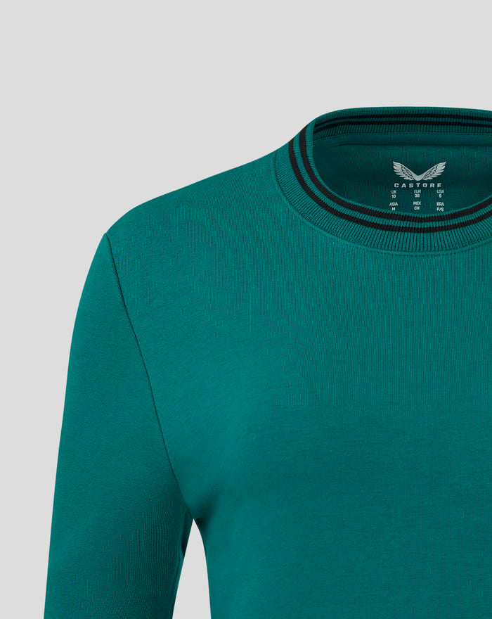 Close-up of the neckline on the teal fleece crew showing the Castore label under the collar