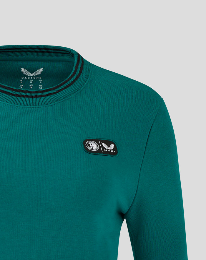 Feyenoord Castore fleece crew neck for women in teal blue green with ribbed collar and chest patch