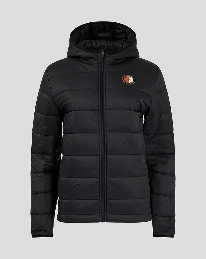 Black Feyenoord Core puffer jacket for women with hood and circular logo on the chest