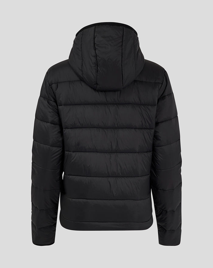 Back view of a black Feyenoord Core puffer jacket for women with a hood.