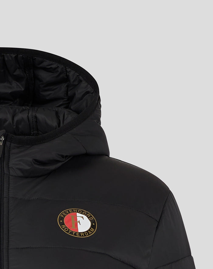 Hood and upper chest close up of a black Feyenoord Core puffer jacket with the club crest on the chest.