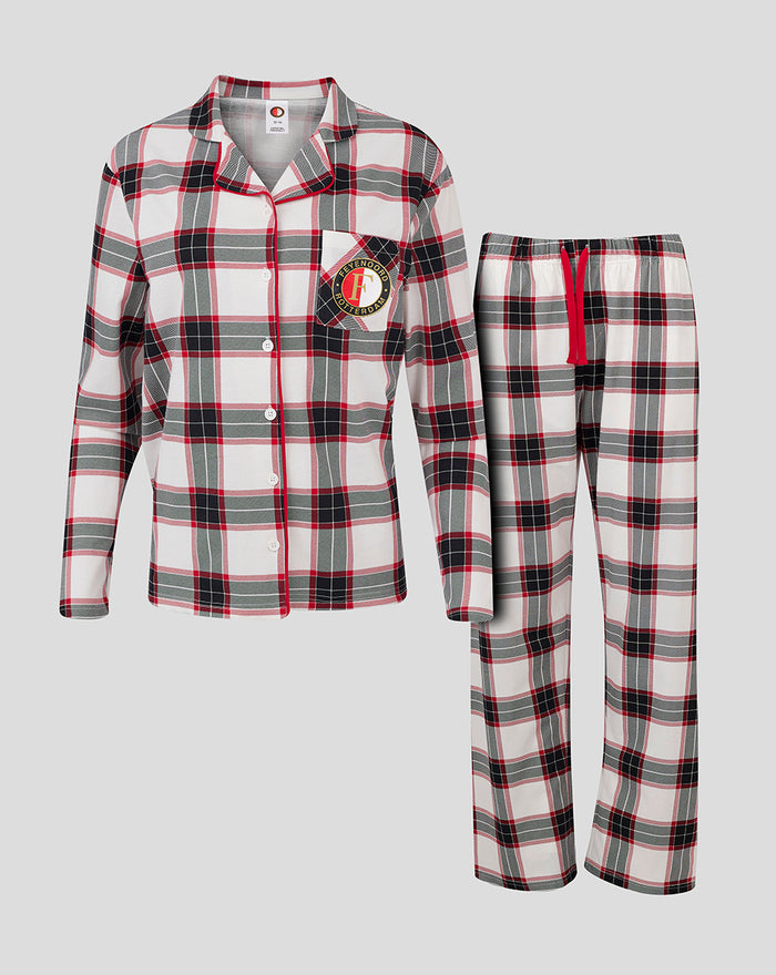 Feyenoord women plaid pajama set with a button front shirt and checked pants featuring a crest badge on the shirt pocket.