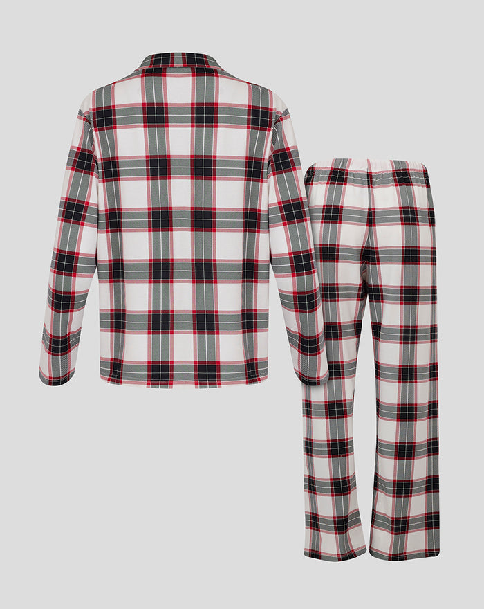 Vrouwen Feyenoord pyjama set met lange broek en overhemd met knopen in wit rood en grijs ruitpatroon achterkant zichtbaar