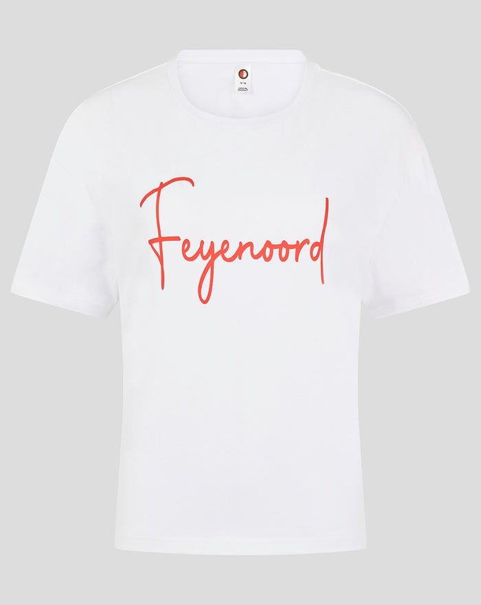 White women's Feyenoord T shirt with red script across the front