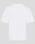 Back view of a white women's T shirt with short sleeves