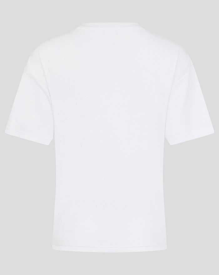 Back view of a white women's T shirt with short sleeves