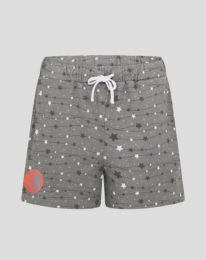 Grey star print pajama shorts for women with white drawstring and a Feyenoord emblem on the left leg