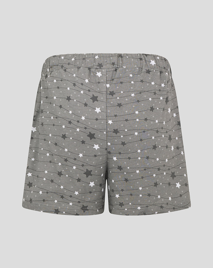 Gray pajama shorts covered in white and dark gray stars