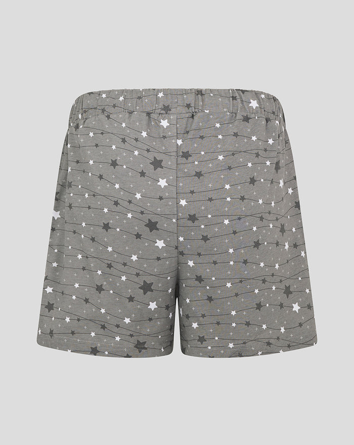 Gray pajama shorts covered in white and dark gray stars