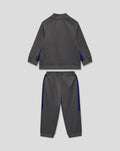 Feyenoord trainingspak voor kinderen met een grijs jack met rits en broek met elastische taille en blauwe zijpanelen