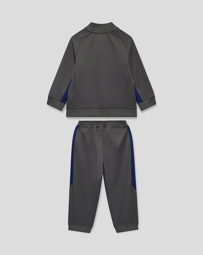 Feyenoord trainingspak voor kinderen met een grijs jack met rits en broek met elastische taille en blauwe zijpanelen