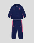 Children's navy tracksuit with pink side panels and club logos on the jacket and pants.