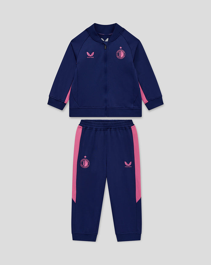 Children's navy tracksuit with pink side panels and club logos on the jacket and pants.
