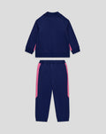 Back view of the children's navy tracksuit with pink side stripes on the jacket and pants.