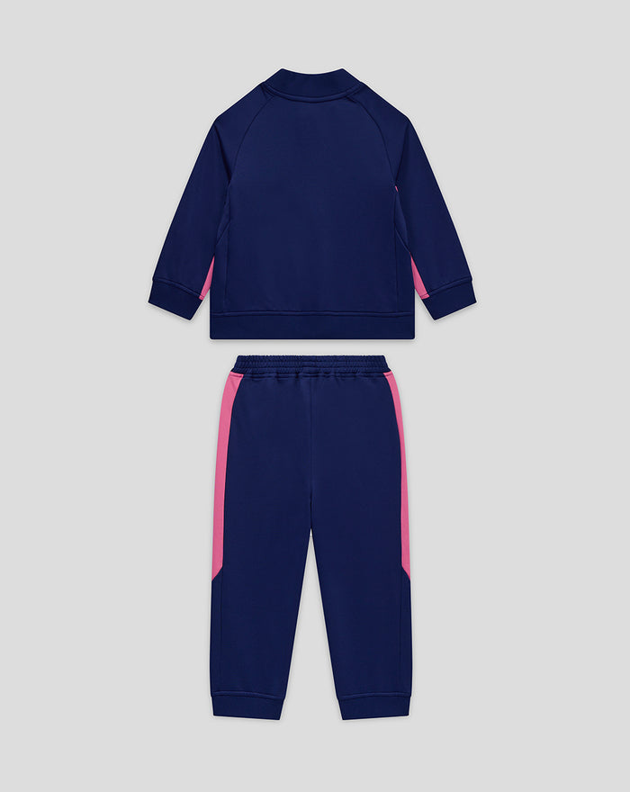 Back view of the children's navy tracksuit with pink side stripes on the jacket and pants.