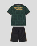 Back view of the Het Twaalfde shirt kids kit showing a green patterned jersey and gold Vakanties lettering across the back