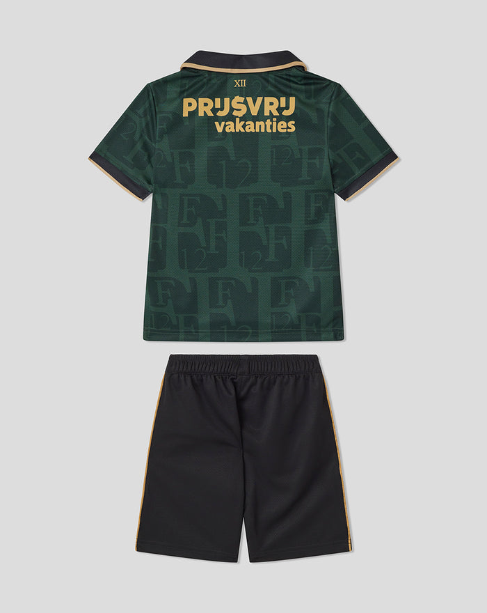 Back view of the Het Twaalfde shirt kids kit showing a green patterned jersey and gold Vakanties lettering across the back