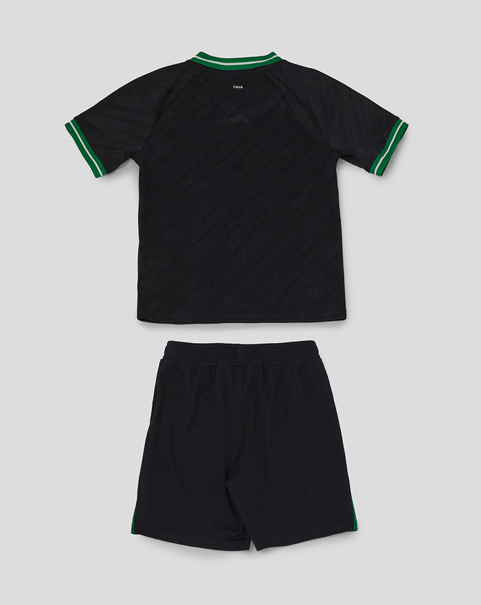 Feyenoord Uittenue 2024-2025 kids set with a dark jersey featuring green trim and matching shorts.
