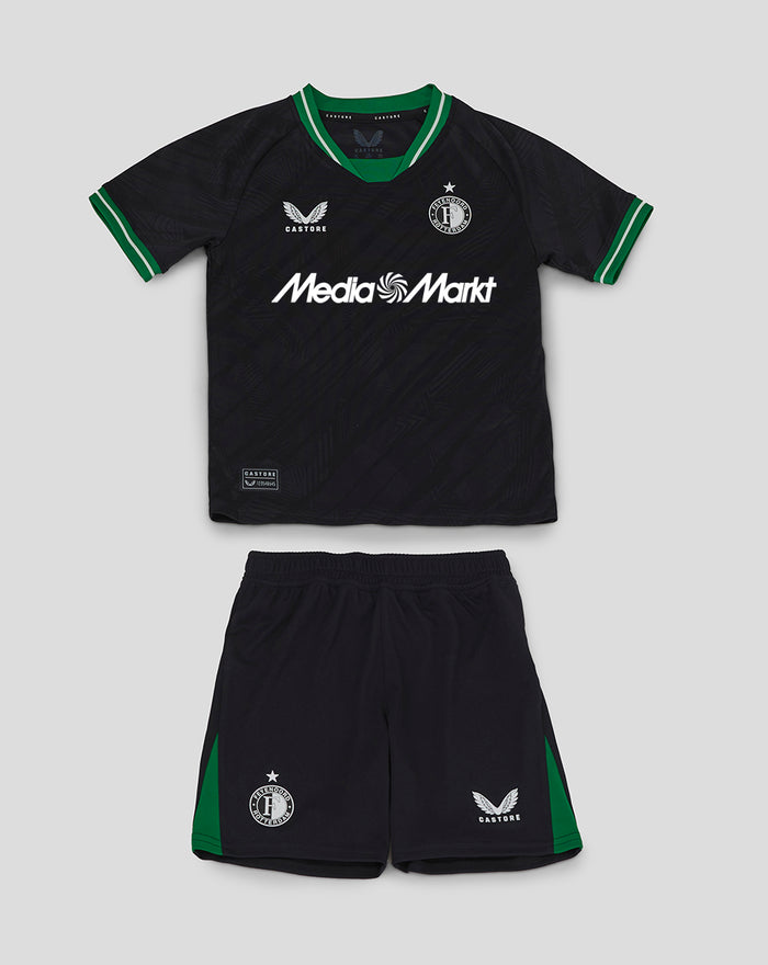 Feyenoord kids 2024 2025 away kit set featuring a black shirt with green trim and matching shorts with club logos.